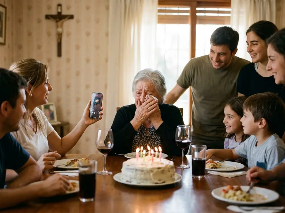 Una abuela se emociona en su cumpleaños mientras su familia le hace escuchar la canción