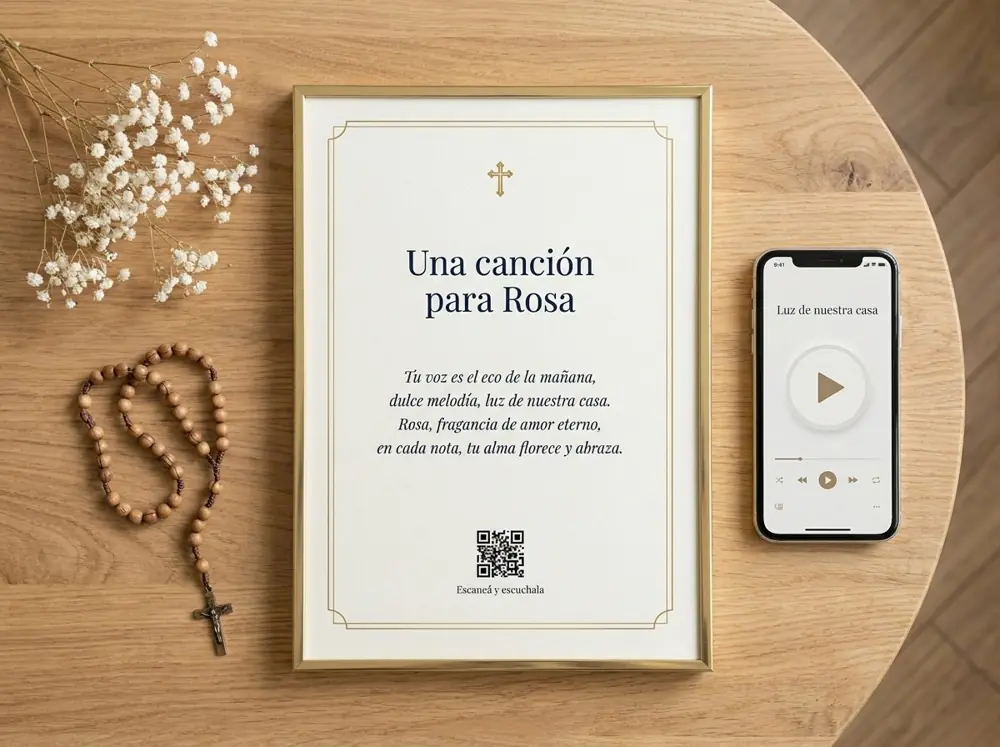 Cuadro con la letra de la canción, un rosario y un celular con la canción sonando