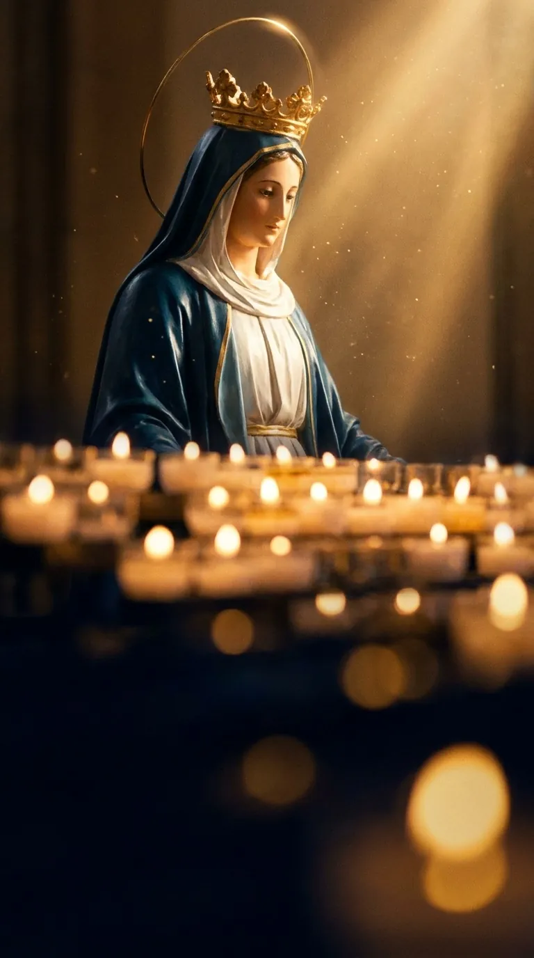 Imagen de la Virgen iluminada por un haz de luz, con velas encendidas