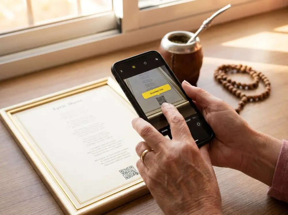 Manos de una señora apuntando el celular al código de la lámina